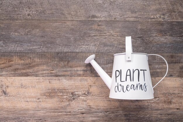 Mise à plat. Les petits outils de jardin sont prêts pour la saison de plantation du printemps. Inclus des gants de jardin, une pelle, un arrosoir et des étiquettes de plantes.