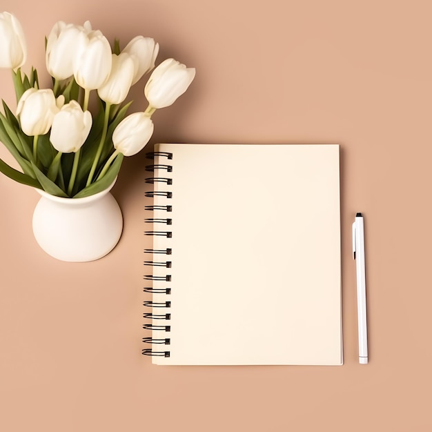 Mise à plat avec un stylo de tulipes blanches et un bloc-notes vierge avec un espace pour le texte sur fond beige AI générative