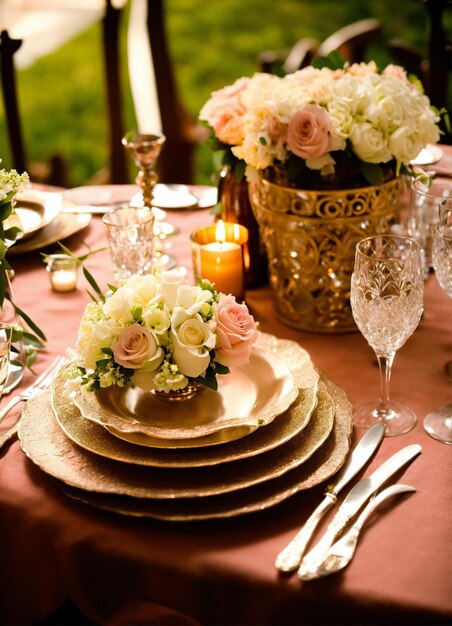 mise à table pour une table de mariage romantique et tout