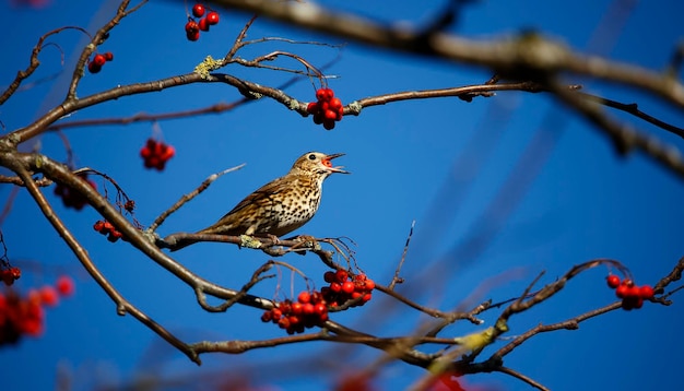 Mistle thrush collecte des baies de rowan