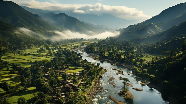 Photo misty magic bandipur dans la brume vue unique à vol d'oiseau