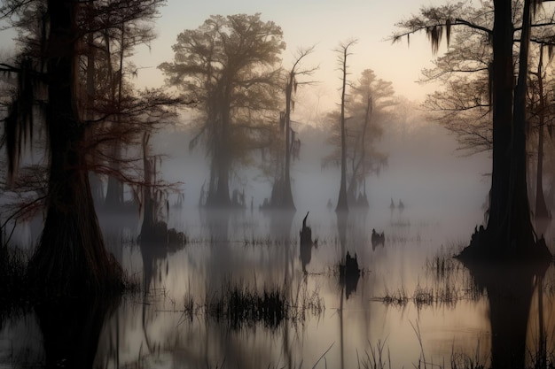 Misty Swamp à l'aube avec des cyprès se découpant sur le ciel