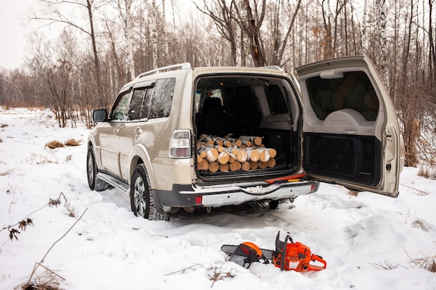 Mitsubishi Pajero Montero en forêt d'hiver avec du bois de chauffage dans le coffre