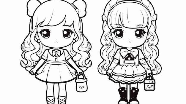 Mix kawaii dessiné à la main, contour, illustration, page de coloriage pour enfants