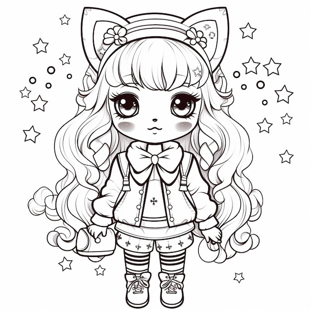 Photo mix kawaii dessiné à la main, contour, illustration, page de coloriage pour enfants