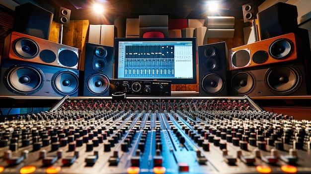 Mixeur de panneau de commande pour un studio d'enregistrement avec des faders et des boutons d'égalisation Generative Ai