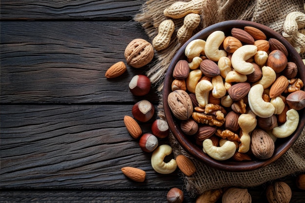 Mixture de noix dans un bol sur fond de bois Concept d'alimentation saine