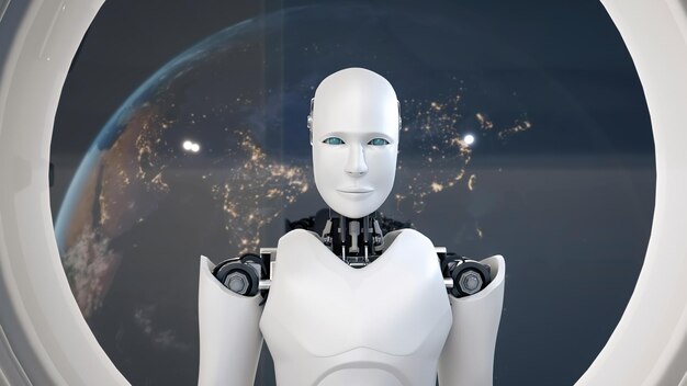 Mlp robot futuriste intelligence artificielle cgi à l'intérieur d'un vaisseau spatial dans l'univers spatial