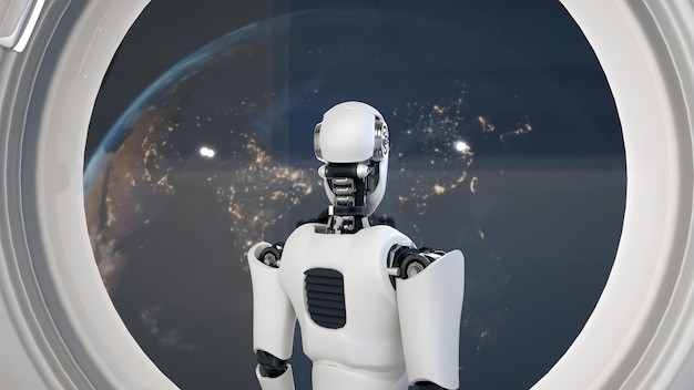 Mlp robot futuriste intelligence artificielle cgi à l'intérieur d'un vaisseau spatial dans l'univers spatial