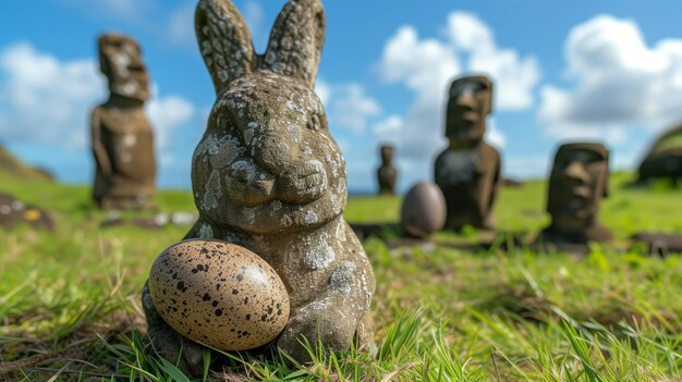 Un moai de lapin de pierre tenant un œuf de Pâques sur l'île de Pâque Rapa Nui avec des statues de moai en arrière-plan