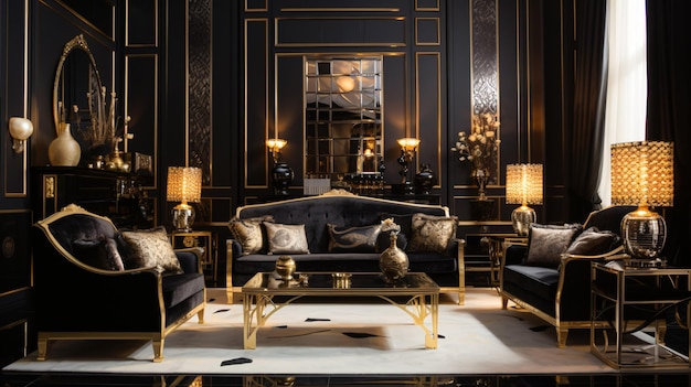 Photo mobilier design avec éléments dorés dans une chambre de luxe