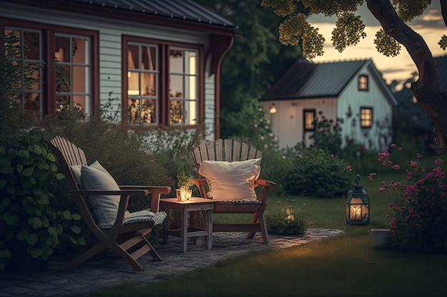 Mobilier de jardin sur pelouse dans une belle soirée d'été dans une cour confortable de chalet de banlieue