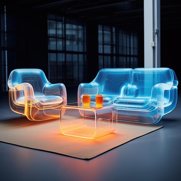 Mobilier transparent futuriste dans une pièce avec éclairage orange