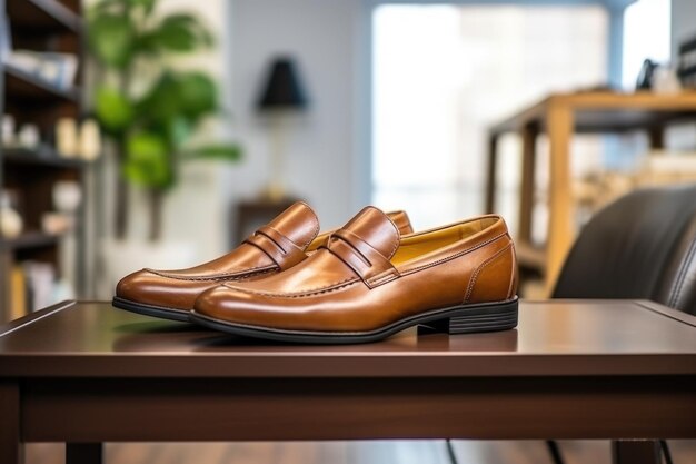 Mocassins marron élégants sous une table de bureau