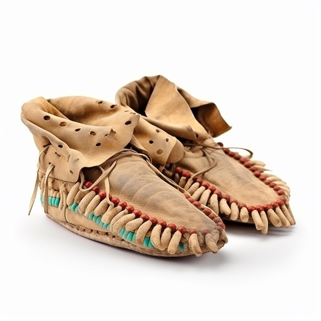 Mocassins rétro vintage chaussures nationales des Indiens en cuir et fourrure isolés sur blanc