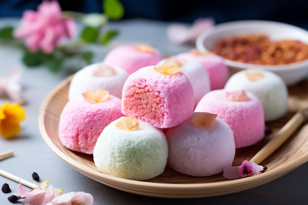 Mochi coloré avec des garnitures florales sur un plateau de bambou thé en arrière-plan parfait pour mettre en évidence l'élégance du dessert japonais