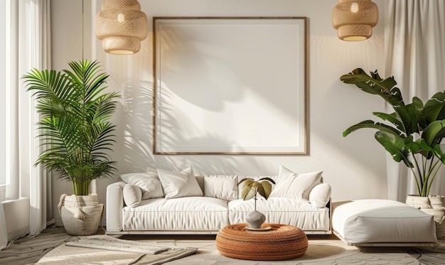 Photo mock up affiche composition intérieure canapé chaise en bois fleur et affiche blanche