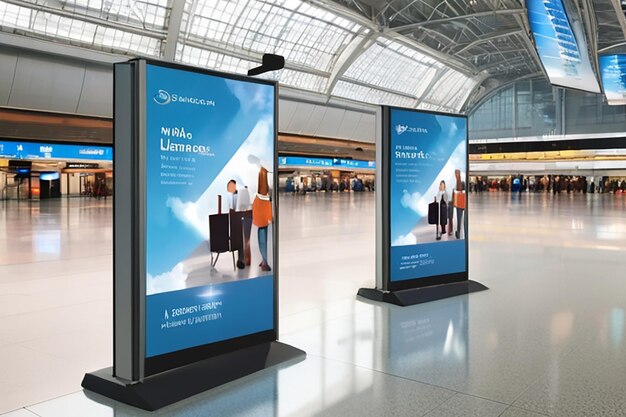 Mock up Banner Media Indoor Aéroport Signage informations avec les gens qui marchent Voyage en Europe