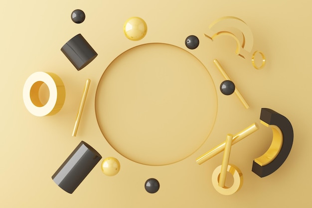 Mock up composition de forme géométrique or et texture de verre avec podium de couleur jaune pour la conception du produit 3d rendu illustration 3d