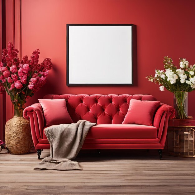 Photo mock-up dans le salon avec un canapé rouge vif et un couvre-lit de style bohémien