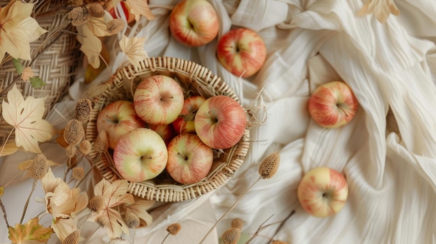 Photo mock-up du jour de thanksgiving avec un panier de pommes fraîches