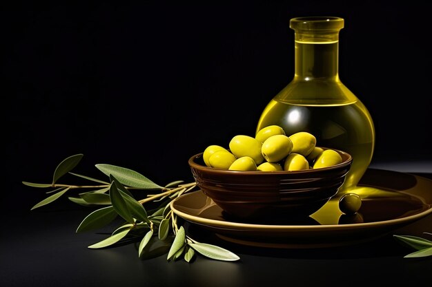 Photo mock up avec des olives vertes bouffantes et une bouteille d'huile d'olive de qualité