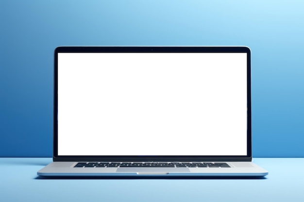 Mock-up d'un ordinateur portable sur une table blanche dans une pièce minimale blanche avec une vue sur le jardin vert en arrière-plan