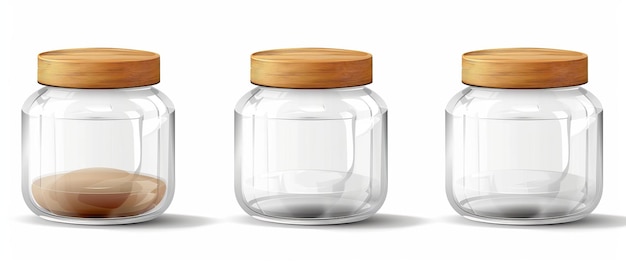 Photo mock-up d'un pot en verre transparent avec un bouchon en bois illustration moderne réaliste d'un récipient de cuisine en plastique blanc et d'un modèle d'emballage alimentaire