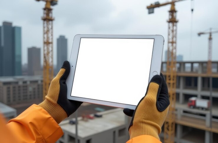 Mock-up pour l'entreprise de construction écran de tablette blanche blanche dans les mains du constructeur dans des gants de travail À l'arrière-plan est un chantier de construction grues machines de construction bâtiment inachevé