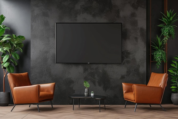 Mock-up de salon mur de télévision monté avec des fauteuils en cuir dans le salon avec des murs gris foncé