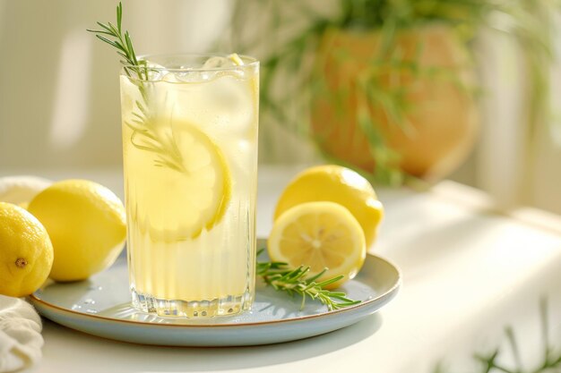 Mocktail au citron et au romarin congelé dans un verre sur une table blanche avec une assiette bleue en gros plan. Cocktail d'été.