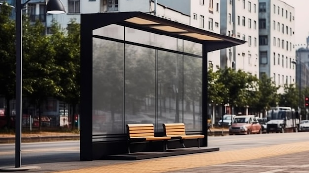 Mockup d'une boîte lumineuse publicitaire blanche à l'arrêt de bus Illustrateur d'IA génératif