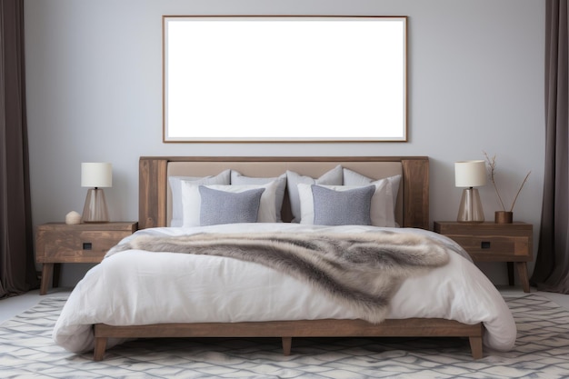 Mockup d'un cadre vide sur le mur au-dessus du lit dans une chambre à coucher moderne avec des tableaux de nuit en bois