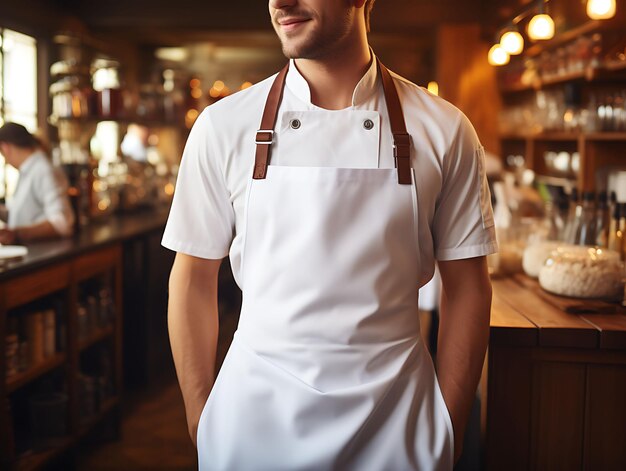 Photo mockup créatif d'un tablier de chef blanc propre dans une collection d'uniformes cozy bakery