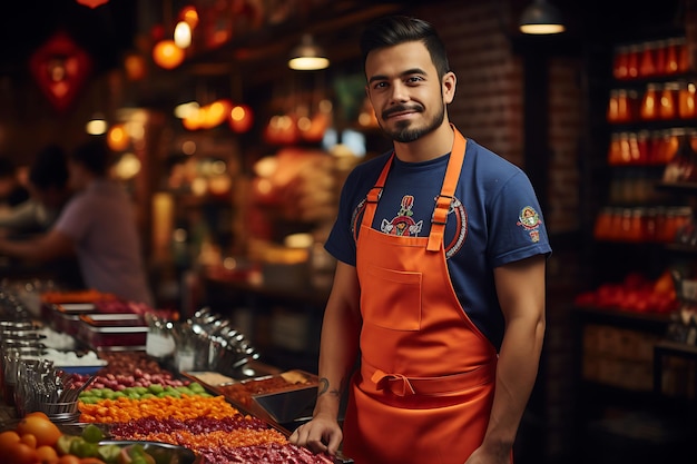 Mockup créatif d'un tablier de chef dans une collection d'uniformes Taqueria Capturi mexicaine vibrante