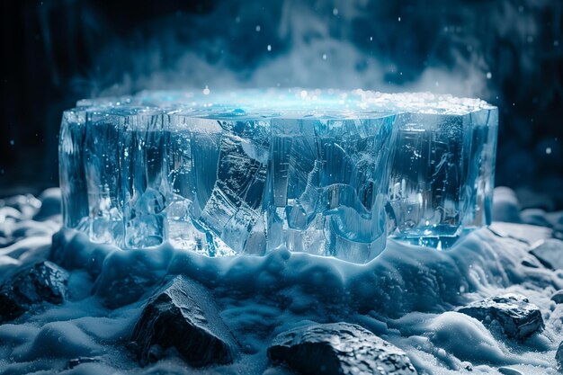 Mockup d'élégance gelée pour la photographie de produit avec un piédestal sculpté dans la glace