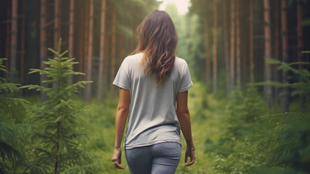 Mockup d'une femme qui marche dans la forêt IA générative