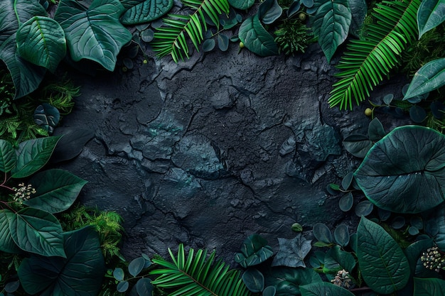 Mockup de feuilles tropicales vert foncé sur fond noir Laissez le cadre avec la vue supérieure de l'espace de copie