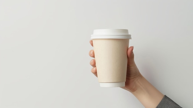 Mockup d'une main féminine tenant une tasse de papier à café sur un fond blanc plat