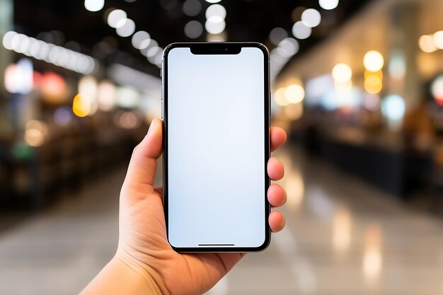 Mockup d'une main masculine tenant un smartphone avec un écran blanc vide en arrière-plan du centre commercial
