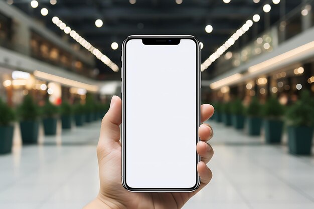 Mockup d'une main masculine tenant un smartphone avec un écran blanc vide en arrière-plan du centre commercial