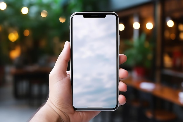 Mockup d'une main masculine tenant un smartphone avec un écran blanc vide en arrière-plan de la ville du soir