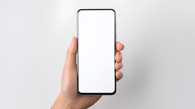 Photo mockup d'une main tenant un smartphone avec un écran vide et un fond blanc