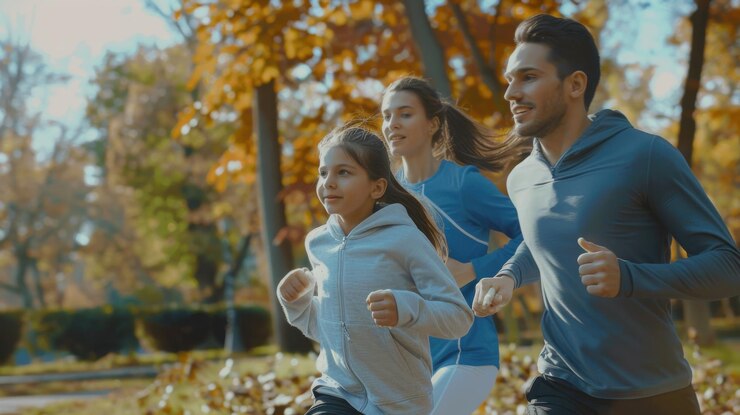 Photo mockup d'un modèle de site web médical présentant une image héroïque d'une famille en bonne santé qui court