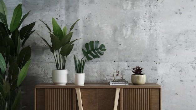 Mockup de mur en béton avec des plantes ornementales et un élément de décoration sur l'armoire