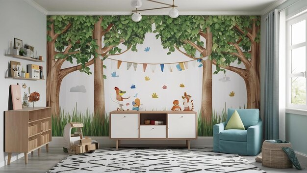 Mockup mur dans la chambre des enfants sur le mur couleurs blanches rendu 3D