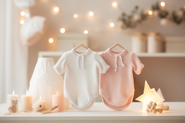 Mockup de onesies blanches avec des accents de bébé sur un fond minimaliste IA générative