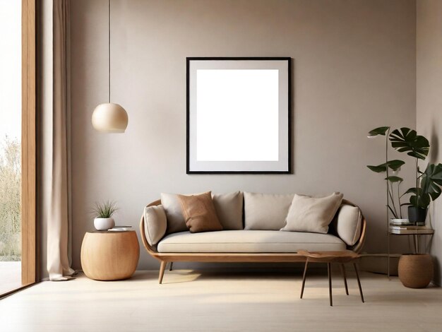 Mockup qui présente un cadre photo comme une pièce d'art dans une maison de style minimaliste