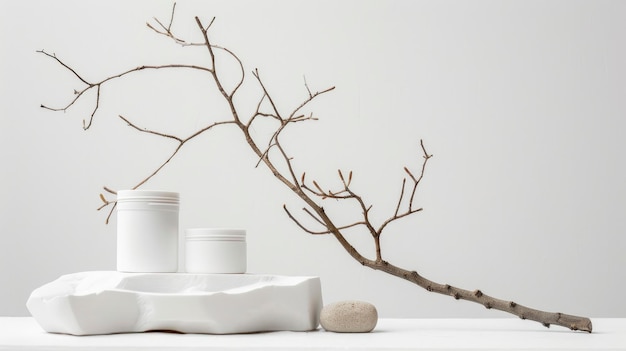 Mockup de récipients cosmétiques blancs avec des branches d'arbres sèches sur le fond du podium de la plage de sable blanc