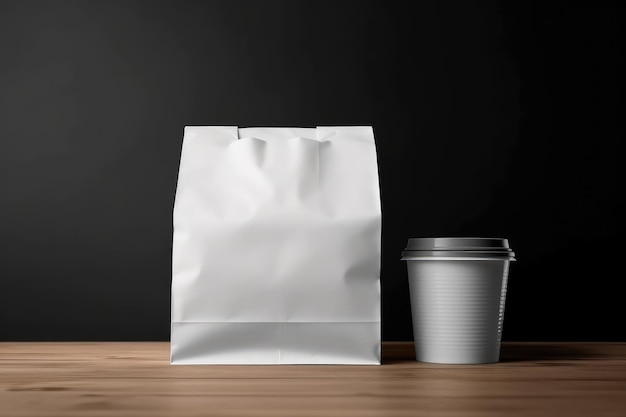 Mockup d'un sac à café en papier blanc sur une table en bois